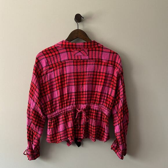We the Free People Pacific Dawn Plaid Peplum Blouse Size Medium Pink & Red - Picture 2 of 12
